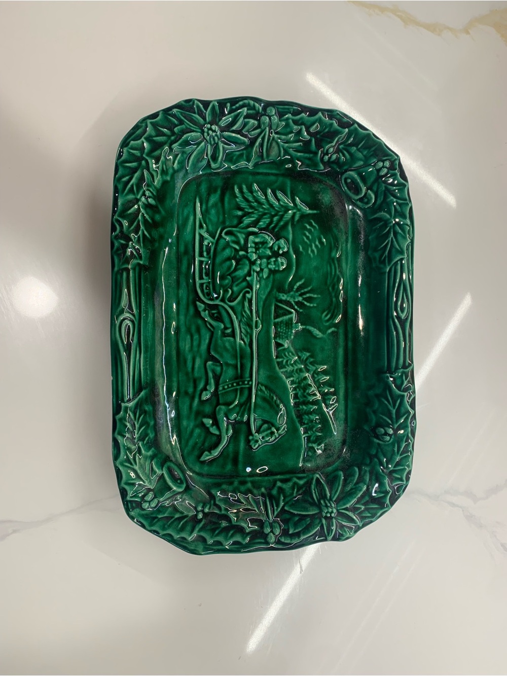 Christmas Green Ceramic Tray with horse and carriage design